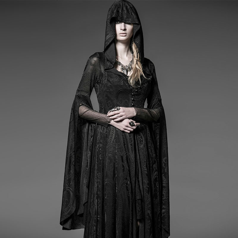 Hooded Gothic Knit Dress for Women – Bodycon Halloween Cosplay Witch Courtly Costume Black Long Mesh Sleeve Maxi Dress